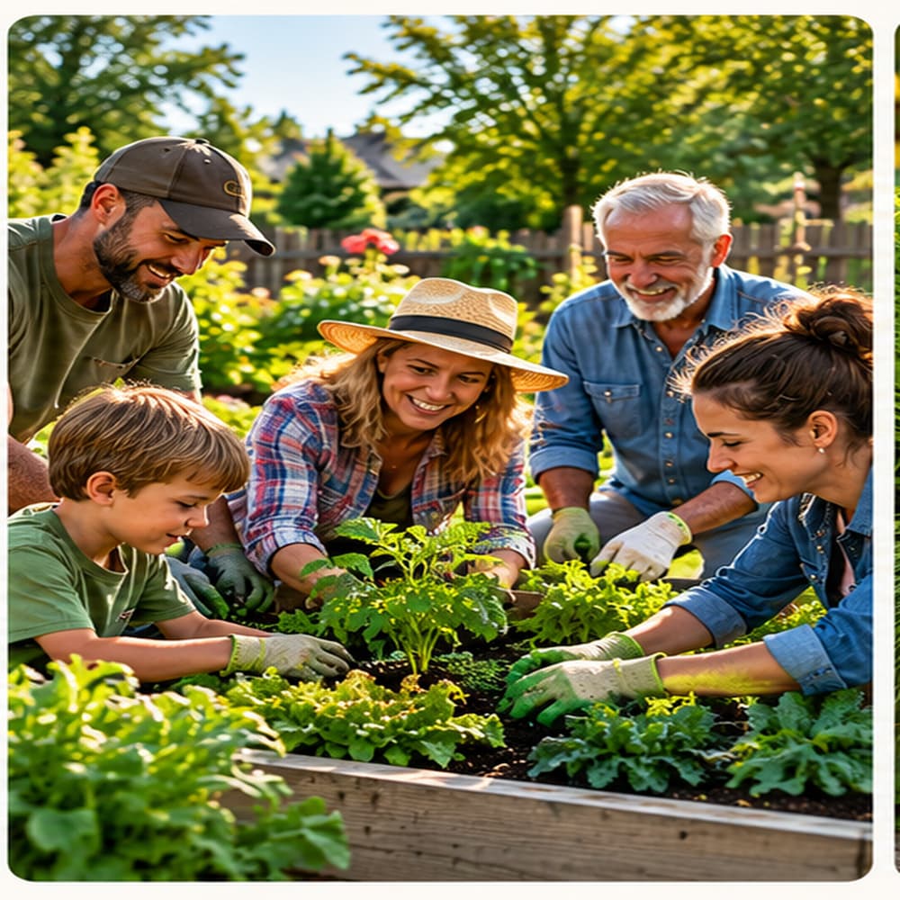 Neighbors of different ages gardening together at a raised bed