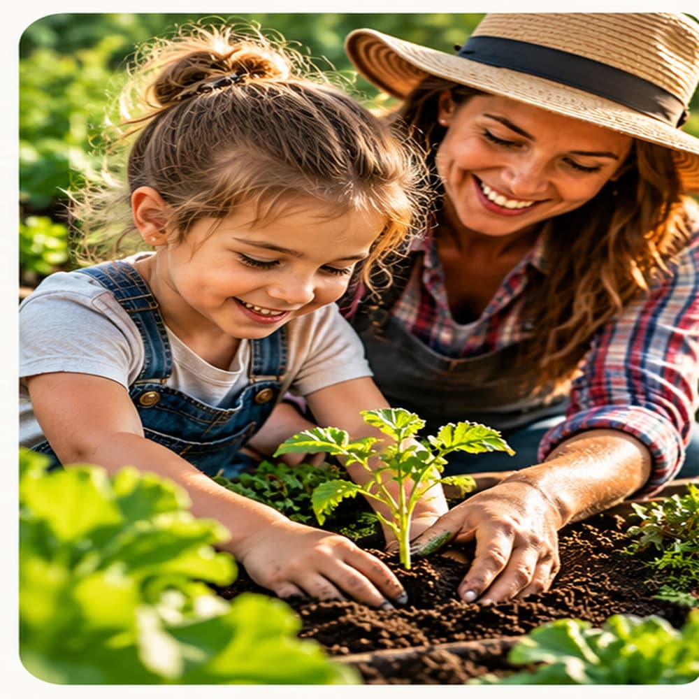 A mother and daughter planting a seedling in garden soil