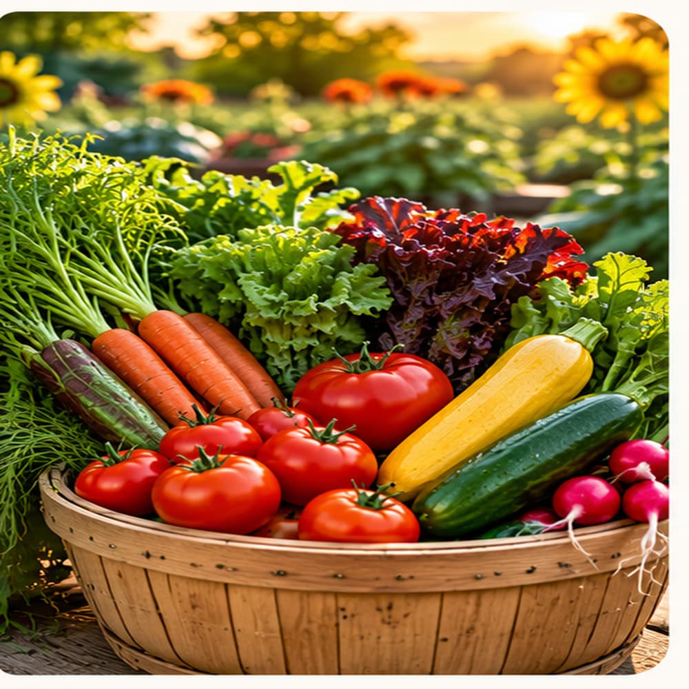 A basket full of fresh tomatoes, carrots, greens and squash