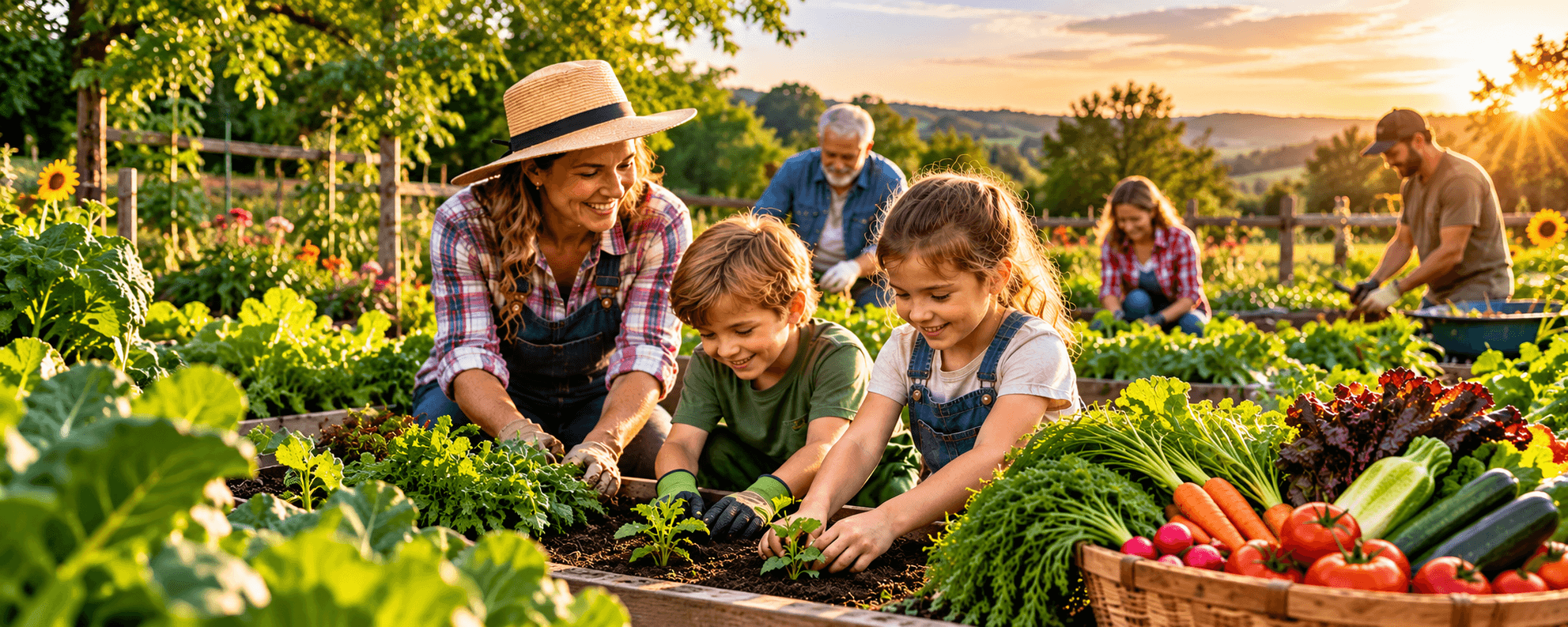Families of all ages gardening together at sunset